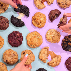 Pick Your Own Cookies by Crumbs & Doilies showing an assortment of chunky, gooey cookies in various flavors.